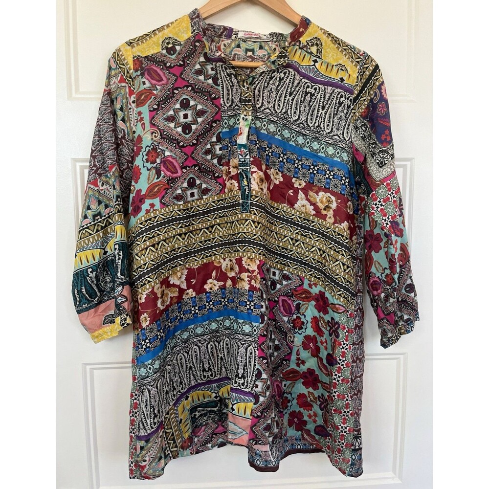 Johnny Was Multicolor Floral Silk Satin V-Neck Button Tunic Blouse Small Damaged